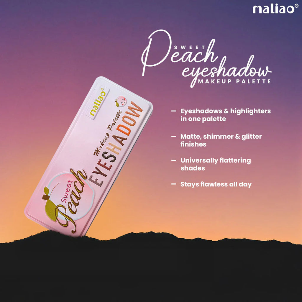 Maliao Sweet Peach eyeshadow makeup palette with product details on a gradient background