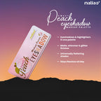 Maliao Sweet Peach eyeshadow makeup palette with product details on a gradient background