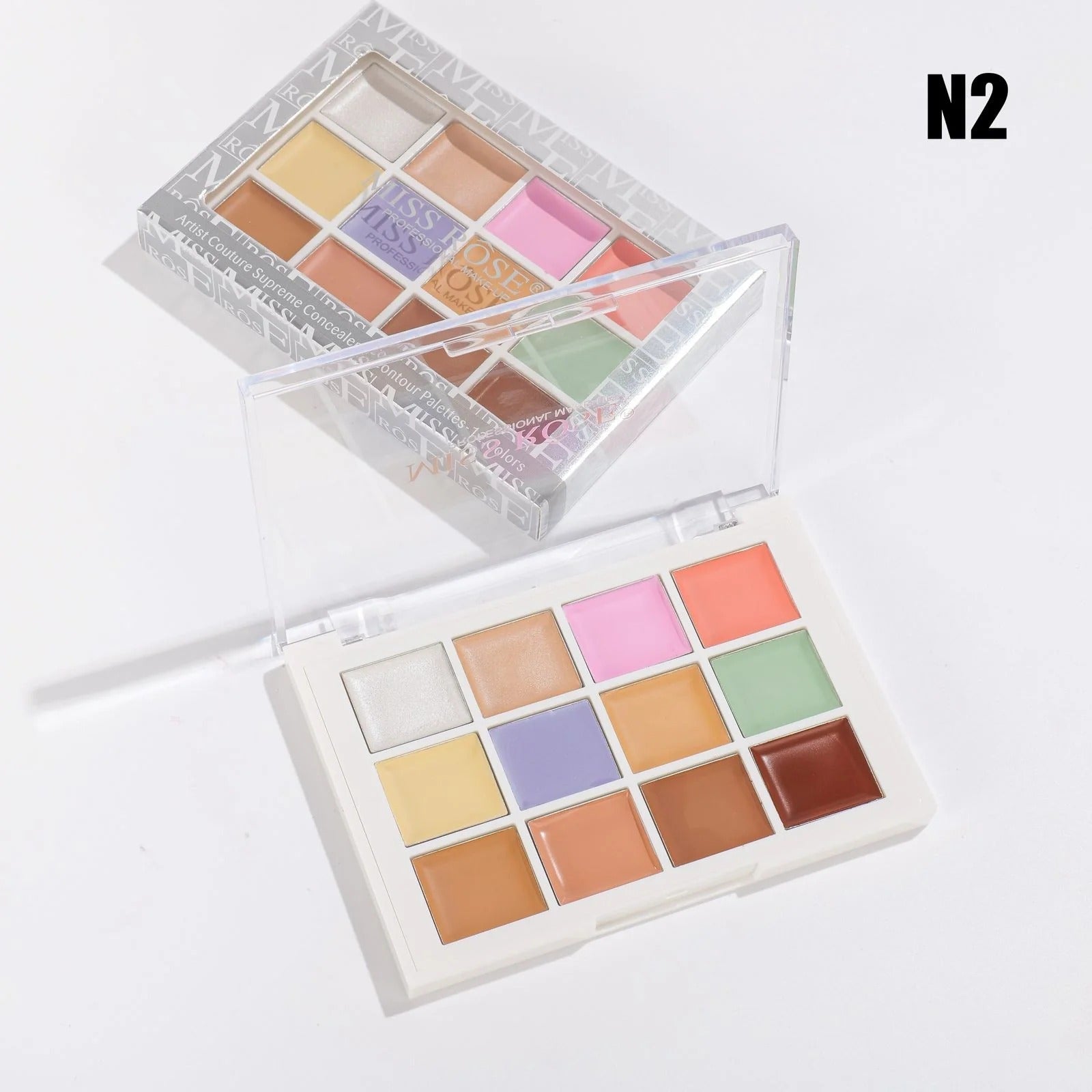Makeup palette with color swatches on a white background