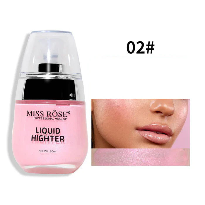 Miss Rose liquid highlighter bottle with a close-up of a person's face wearing the product.