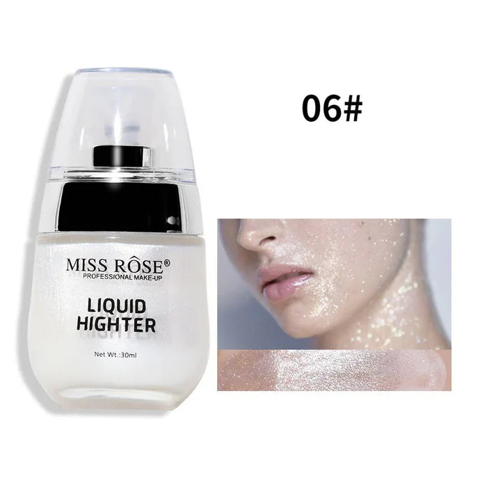 Miss Rose liquid highlighter with a close-up of a person using it on their face.