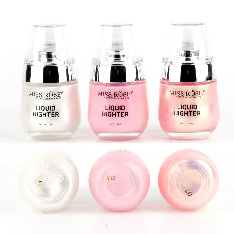 Three bottles of Miss Rose Liquid Highlighter on a white background