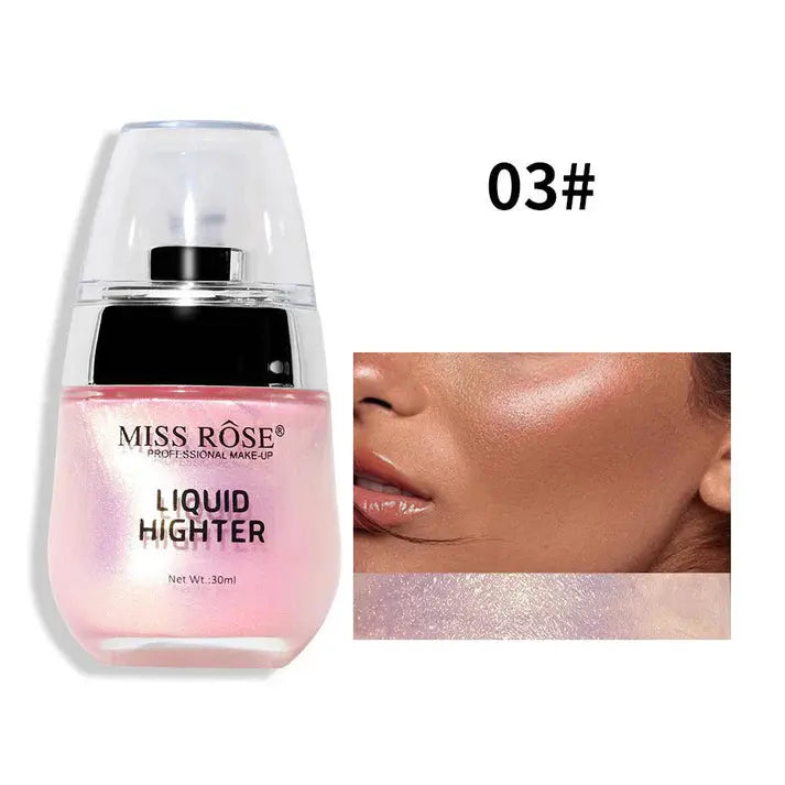 Miss Rose liquid highlighter with a close-up of application on skin