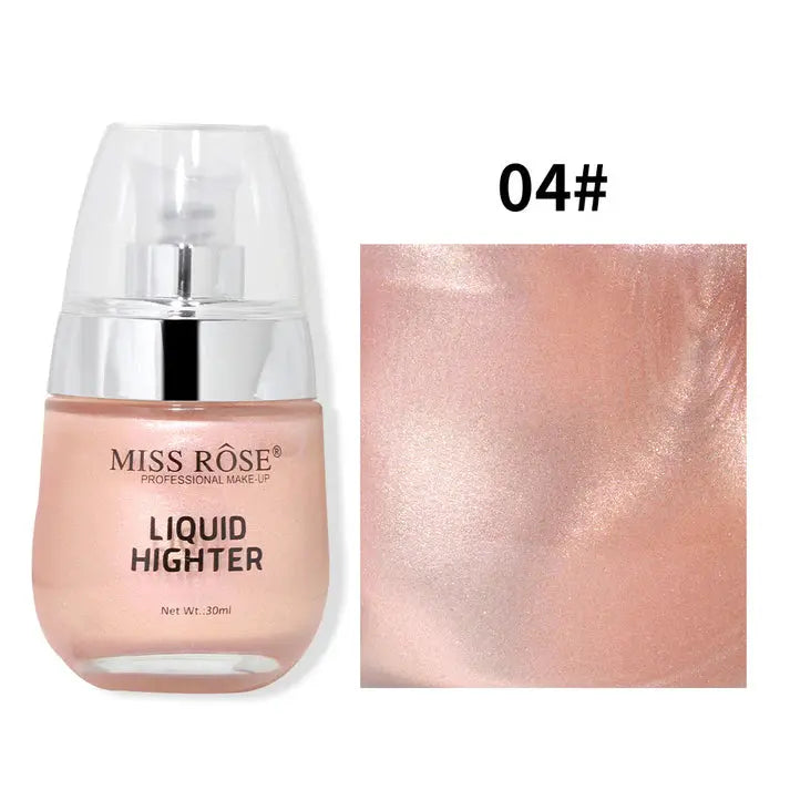 Miss Rose liquid highlighter bottle with a swatch of highlighted skin color on a white background