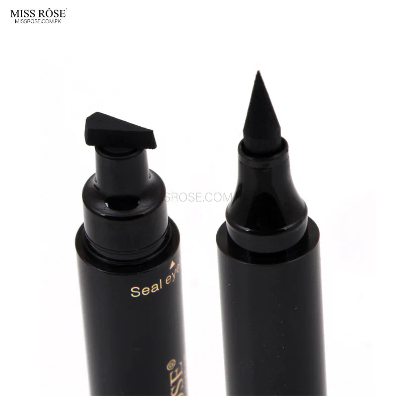 Black eyeliner pen and pump bottle with 'MISS ROSE' branding on a white background.
