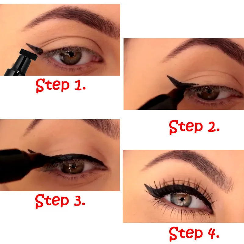 Step-by-step tutorial on applying Miss Rose Magic Eyeliner with close-up shots of an eye.
