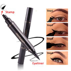 Eyeliner pen with stamp feature and step-by-step usage guide on a white background