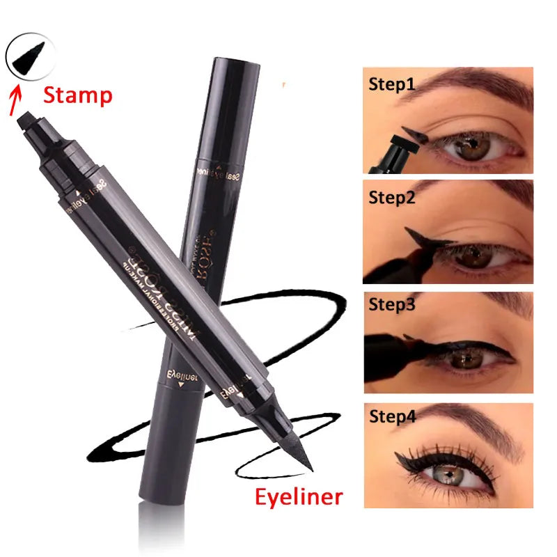 Eyeliner pen with stamp feature and step-by-step usage guide on a white background