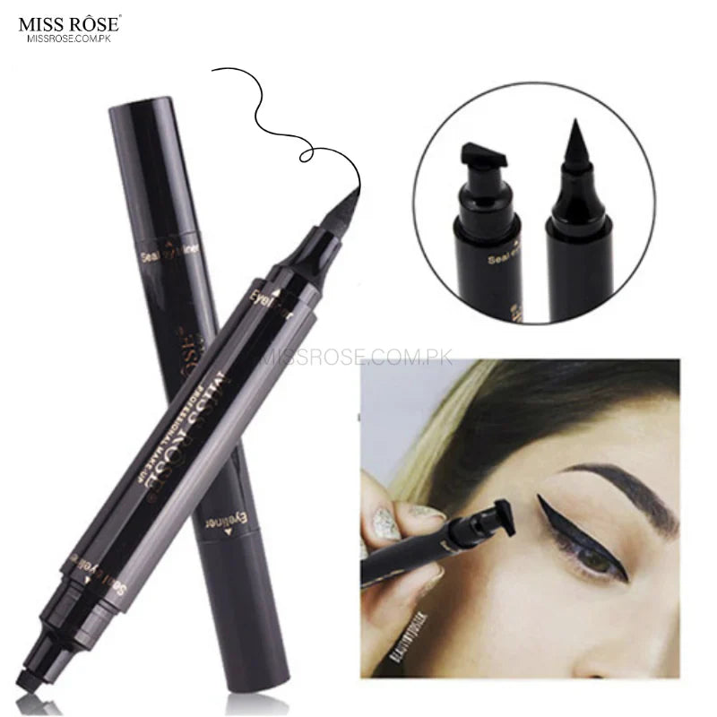 Miss Rose Magic Eyeliner pens with a close-up of application and a woman using them.