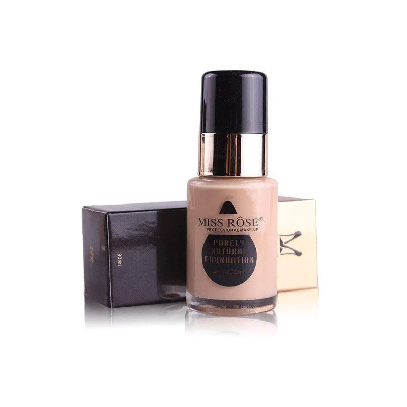 Miss Rose Purely Natural Foundation bottle with packaging on a white background