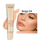 Miss Rose foundation tube with a close-up of a woman's face wearing the foundation, labeled 'Beige 04'.
