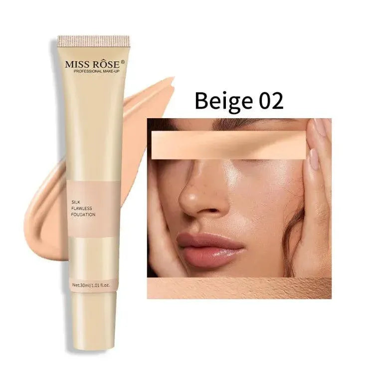 Miss Rose foundation tube with a close-up of beige makeup application on skin