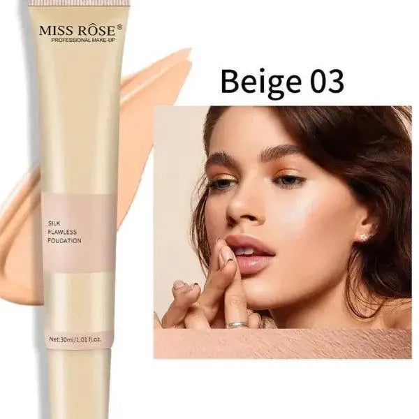 Miss Rose foundation tube with a close-up of a woman's face, showing beige makeup.