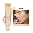 Miss Rose foundation tube with a close-up of a woman's face applying the foundation.