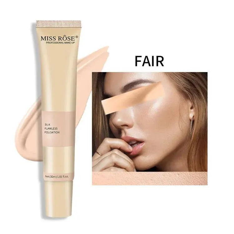 Miss Rose foundation tube with a close-up of a woman's face applying the foundation.