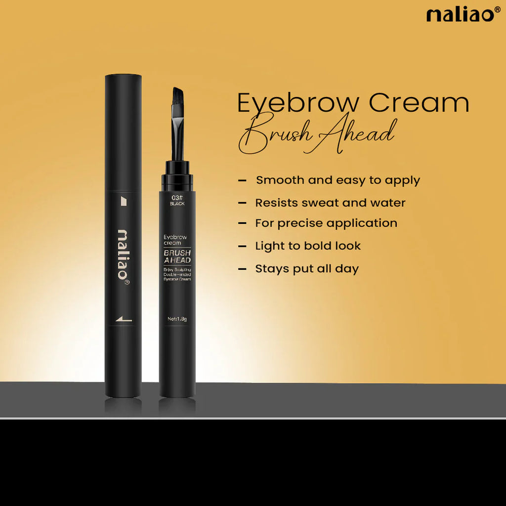 Maliao eyebrow cream brush with product details on a gradient background