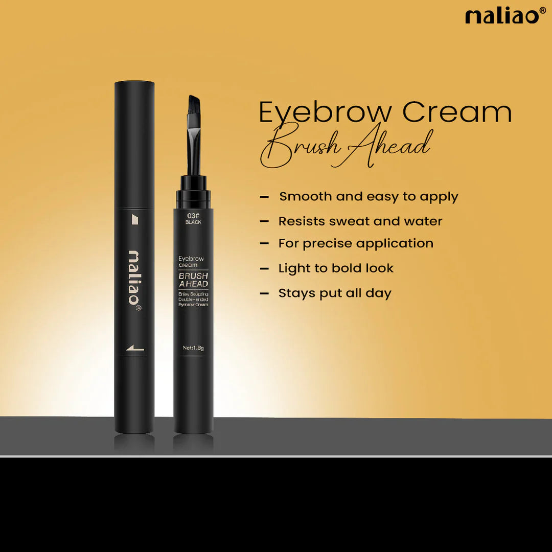 Maliao eyebrow cream brush with product details on a gradient background
