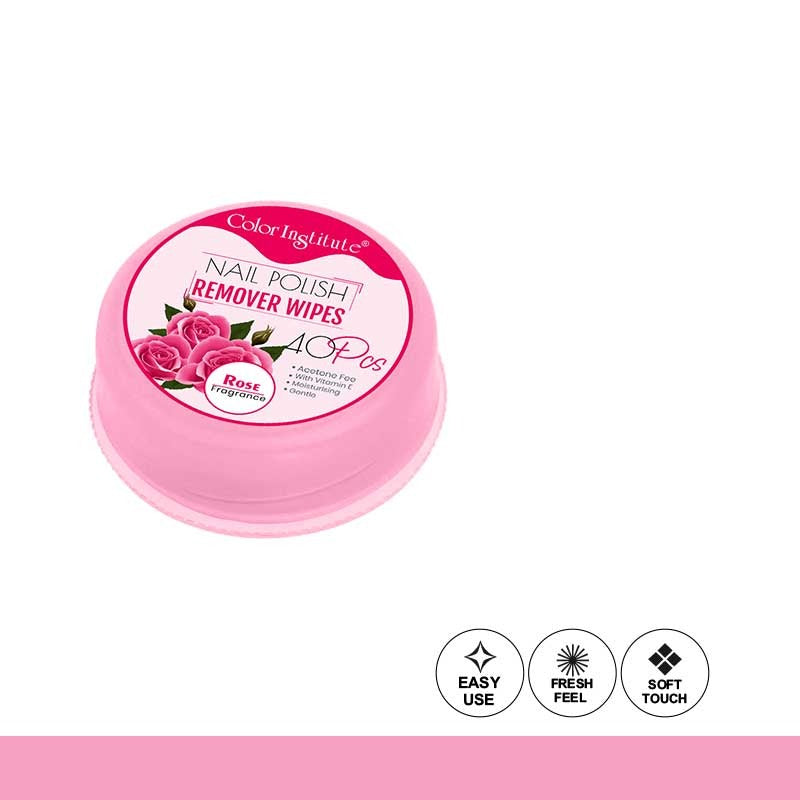 Pink container of nail polish remover wipes with rose fragrance on a white background