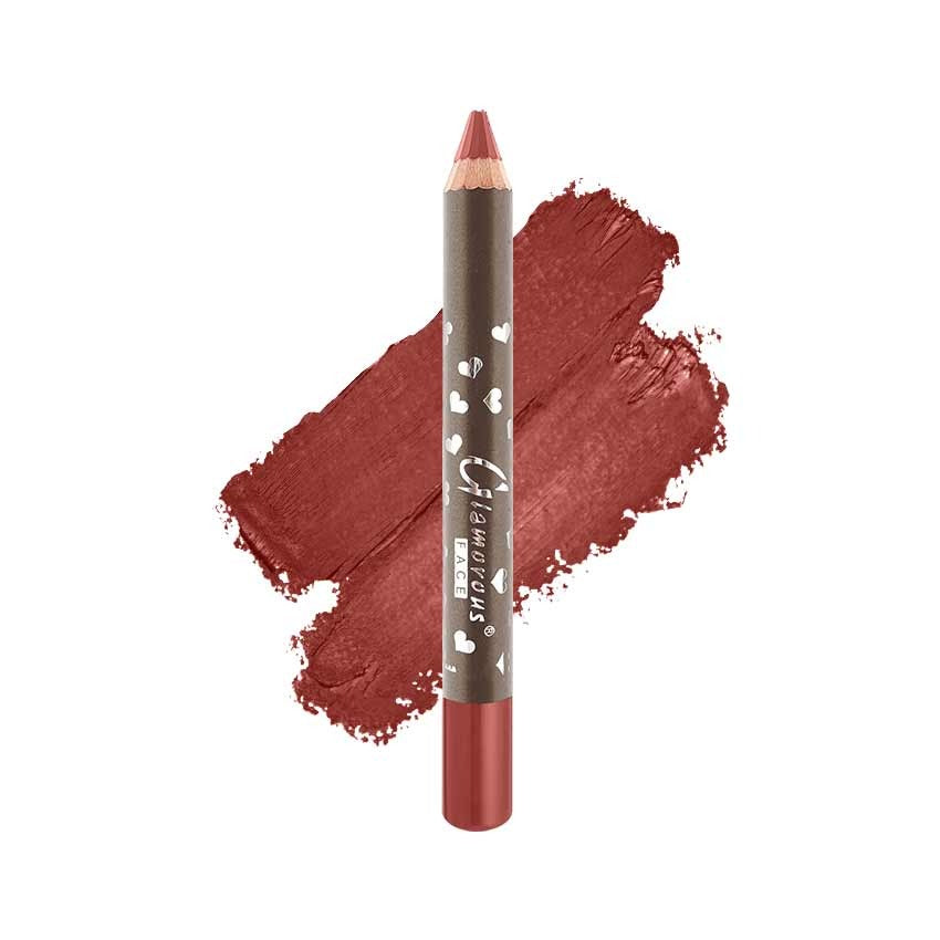 Lip liner pencil with brown casing and red color swatch on a white background