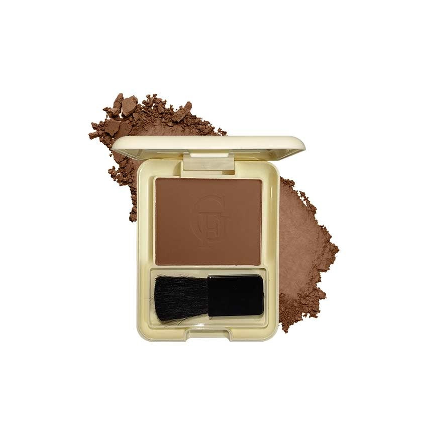 Makeup compact with brown powder, brush, and visible brand logo on a white background