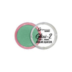 Glow-2 highlighter with green powder in a pink container on a white background