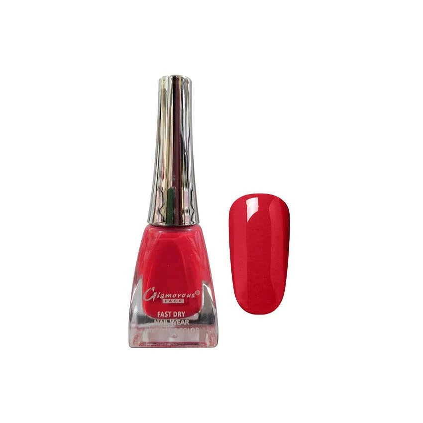 Red nail polish bottle with a matching color swatch on a white background