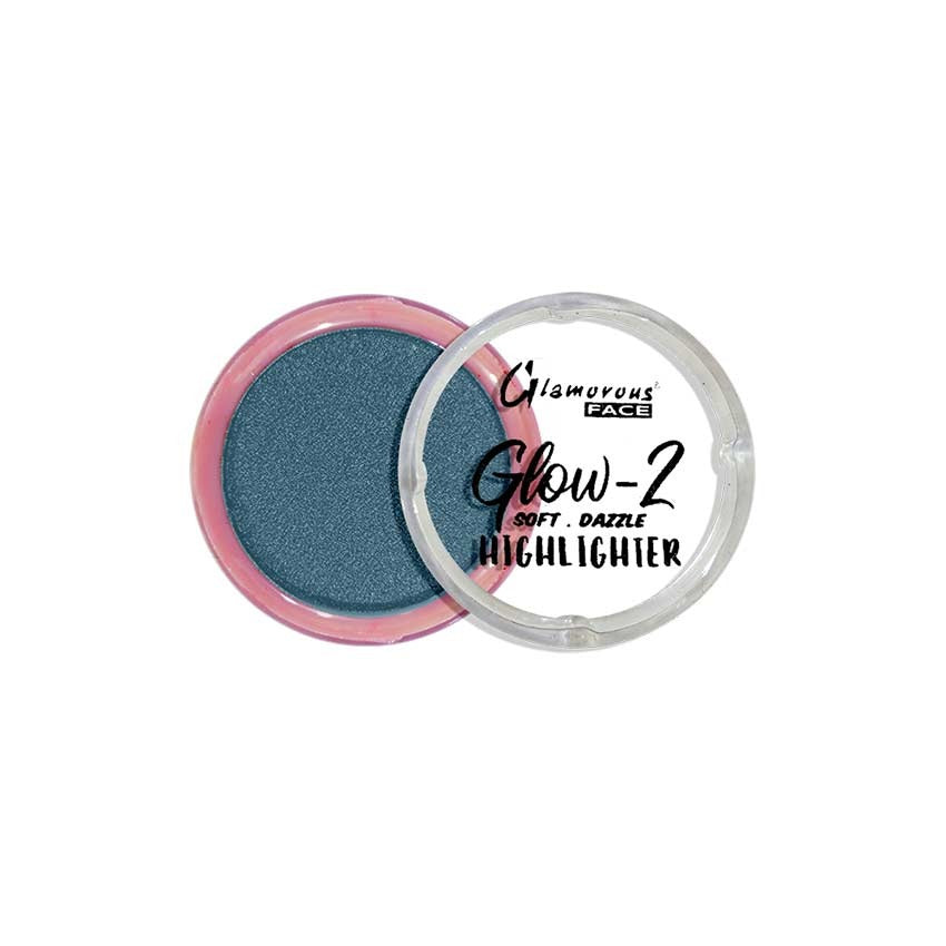 Glamorous Face Glow-2 highlighter with blue powder in a pink container on a white background
