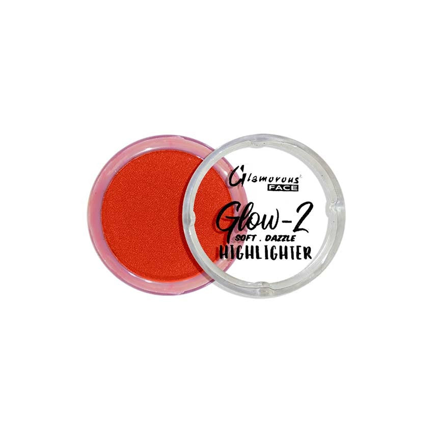 Glow-2 highlighter with red powder in a clear container on a white background