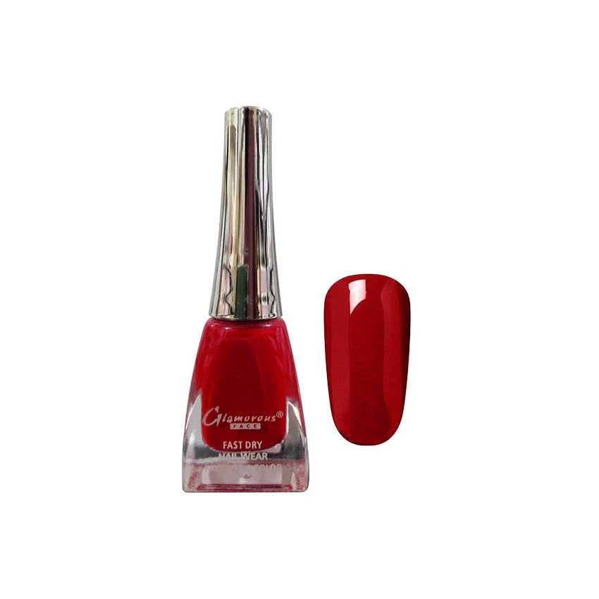 Red nail polish bottle with a matching red nail sample on a white background