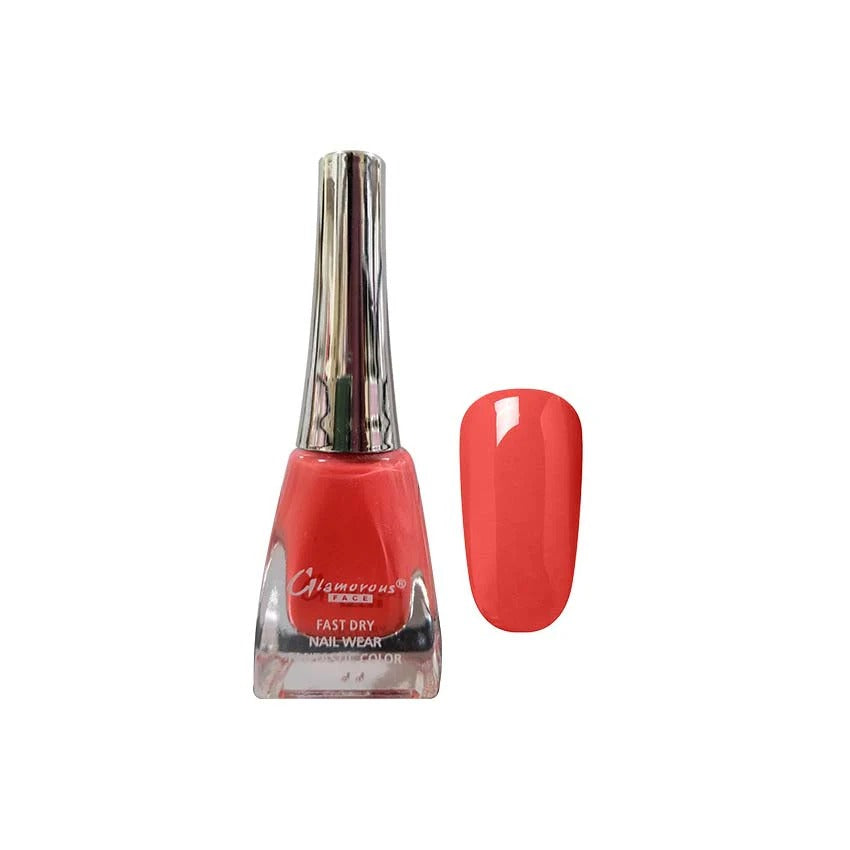 Red nail polish bottle with a matching color swatch on a white background
