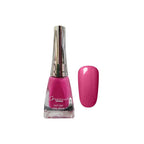 Pink nail polish bottle with a matching nail swatch on a white background