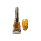 Gold glitter nail polish bottle with a matching nail swatch on a white background