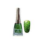 Green glitter nail polish bottle with a matching color swatch on a white background