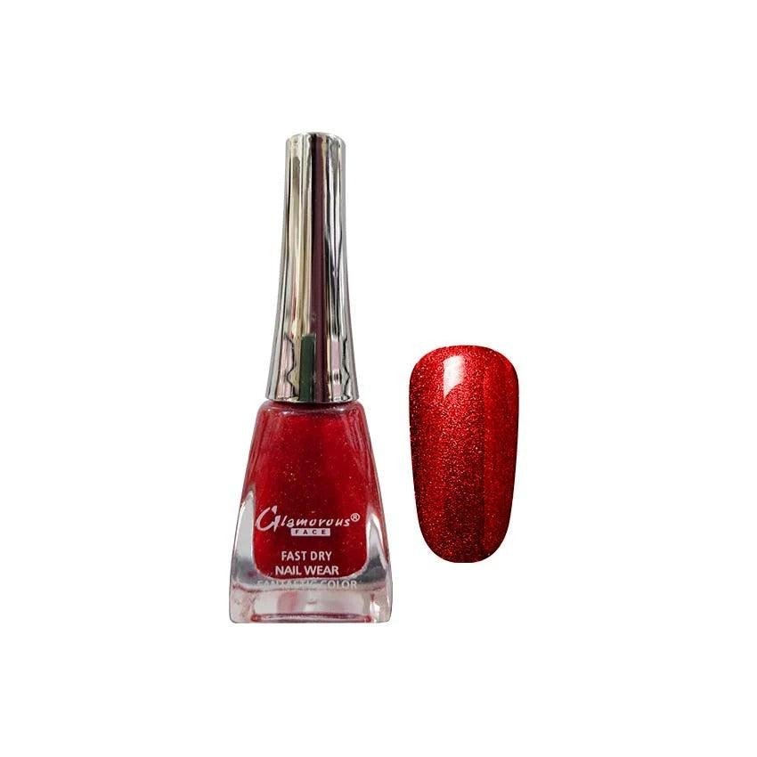 Red nail polish bottle with a matching glittery red nail sample on a white background