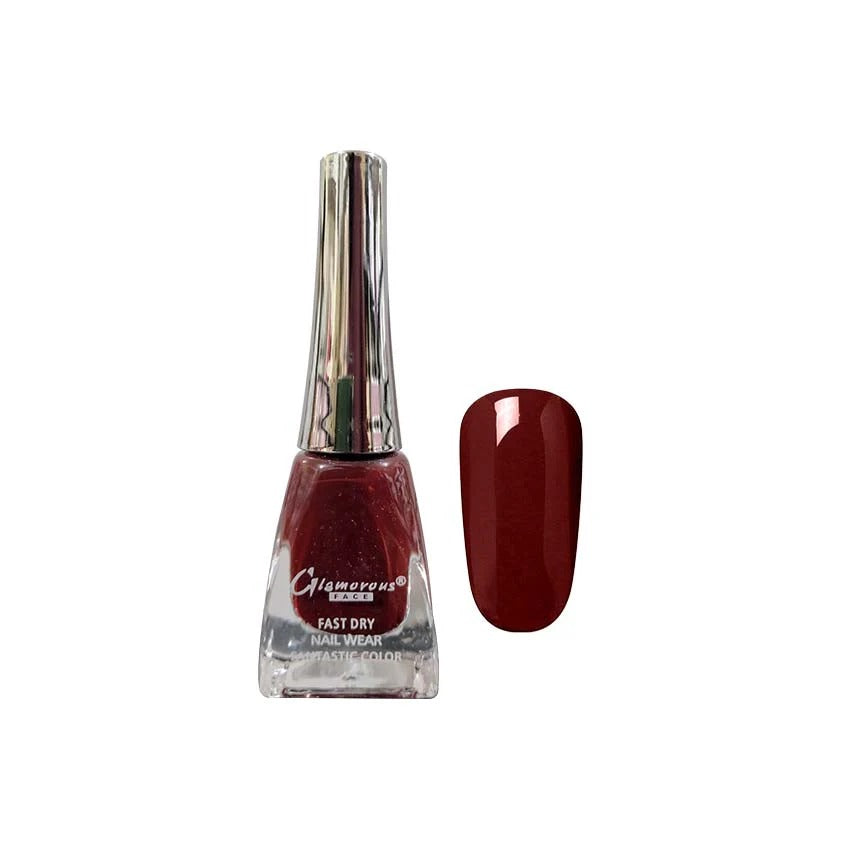 Nail polish bottle with a red nail color swatch on a white background