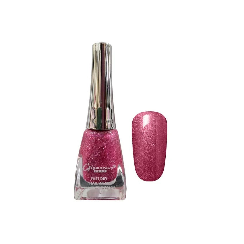 Pink glitter nail polish with a matching nail swatch on a white background