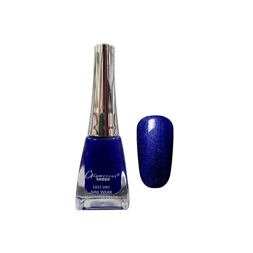 Blue nail polish bottle with a matching nail sample on a white background
