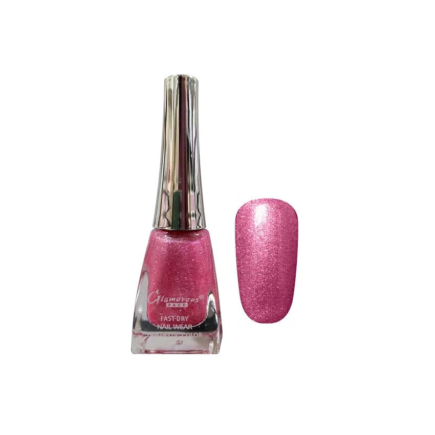 Pink glitter nail polish with a matching swatch on a white background