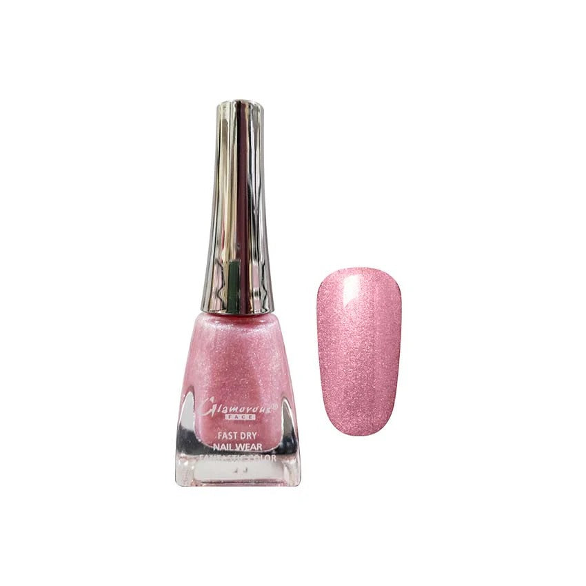 Pink glitter nail polish with a matching swatch on a white background