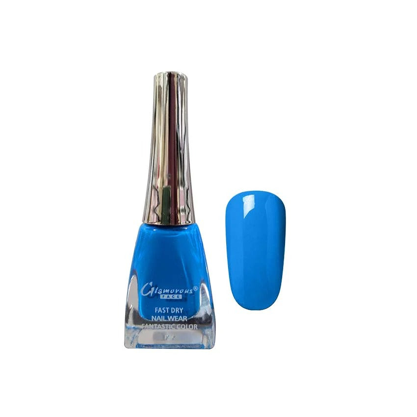 Blue nail polish bottle with a matching blue nail sample on a white background