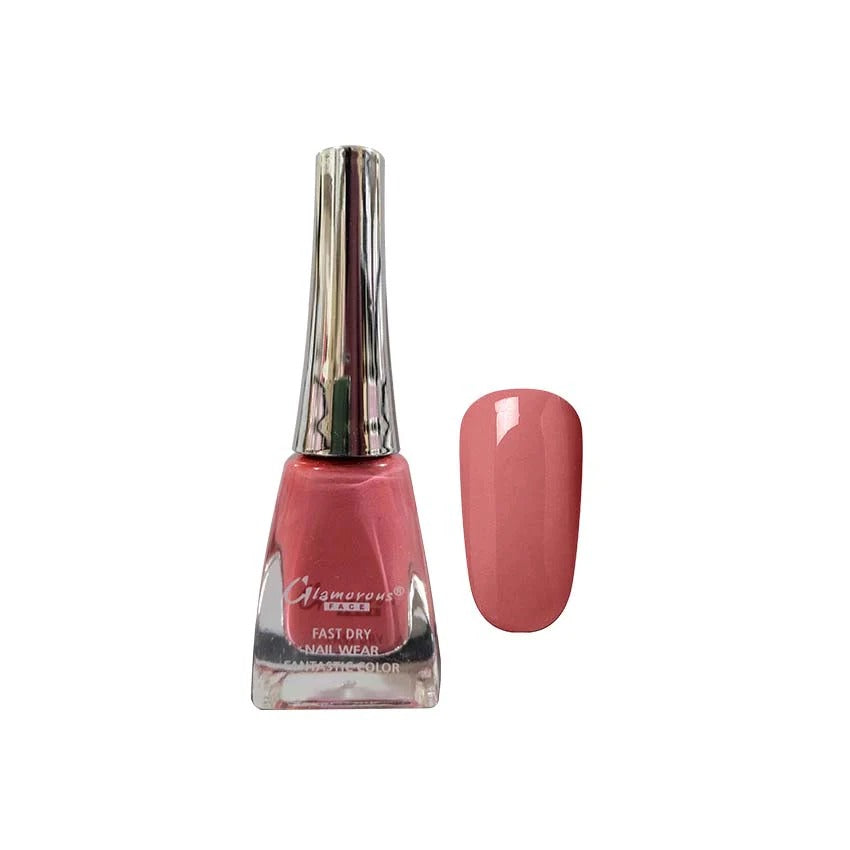 Pink nail polish bottle with a matching color swatch on a white background
