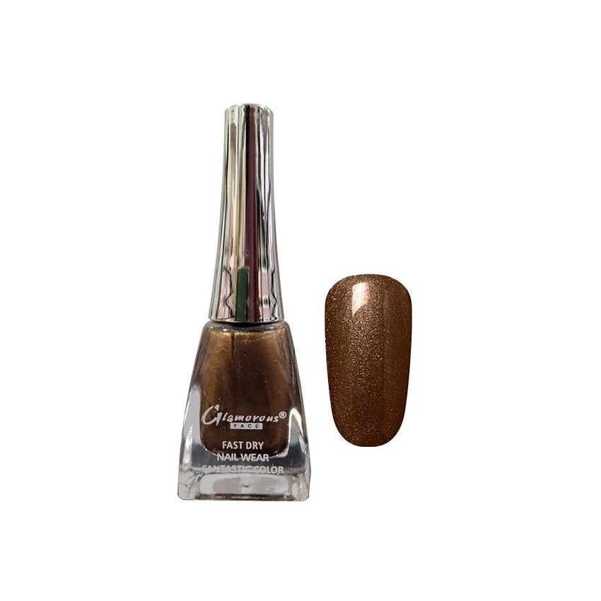 Glamorous Gold nail polish bottle with a gold color swatch on a white background