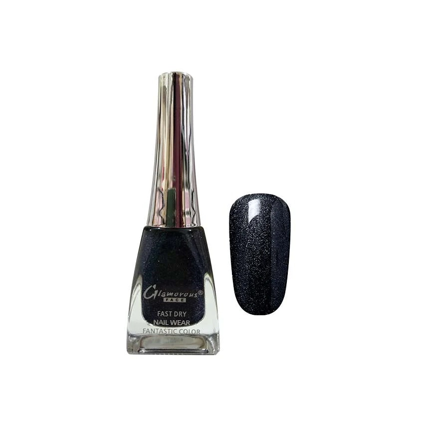 Nail polish bottle with a dark glittery nail color on a white background