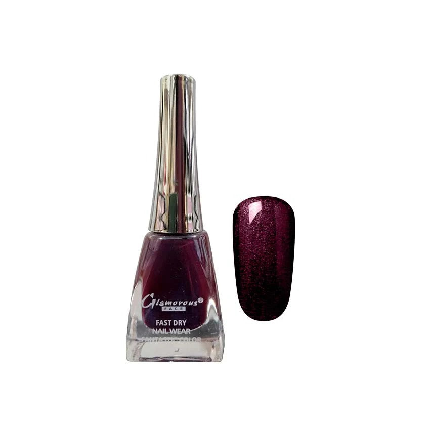 Glamorous purple nail polish bottle with a matching nail swatch on a white background