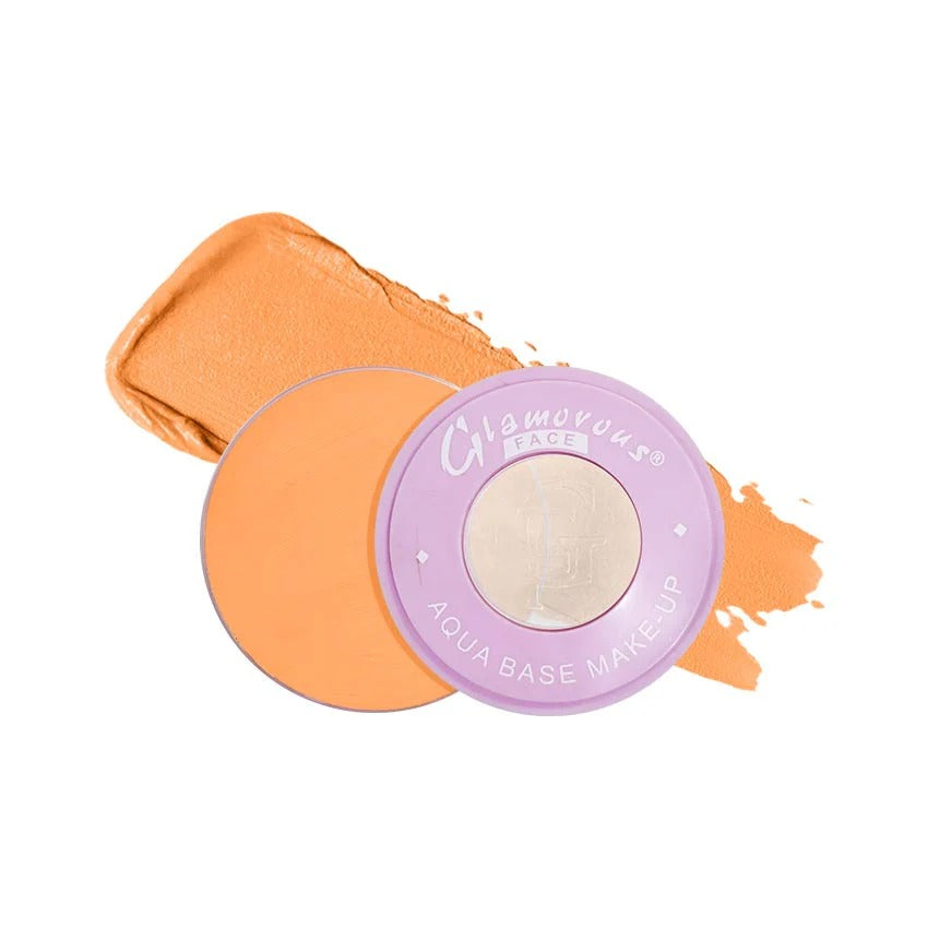 Makeup product with orange color swatch and 'Glamorous' branding on a white background