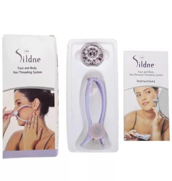 Sildne face and body hair threading system packaging with product and instructions on a white background