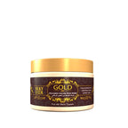Gold facial mud mask jar with decorative label on a white background