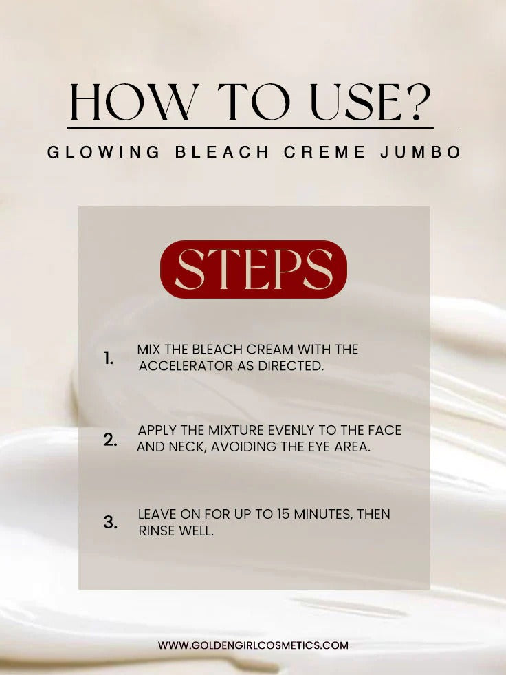 Instructions for using Soft touch Glowing Bleach Creme Jumbo with a beige background