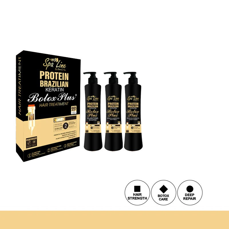 Spa Line By Glamorous Face Brazilian Keratin Hair Treatment packaging and bottles on a white background.