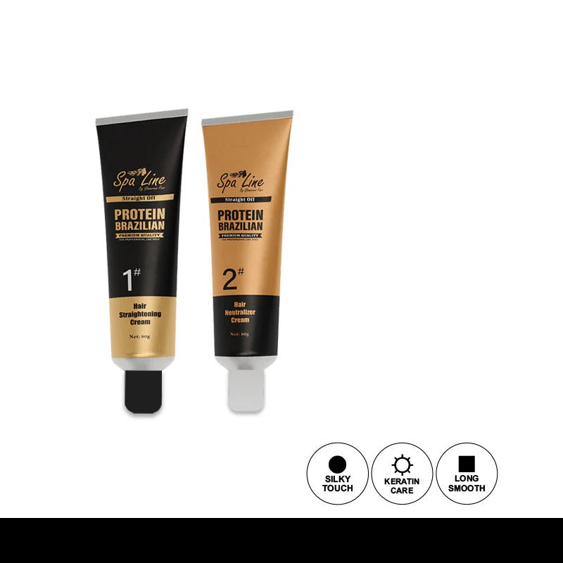 Two tubes of 'Spa Line Protein Brazilian' hair care product on a white background with icons indicating features.